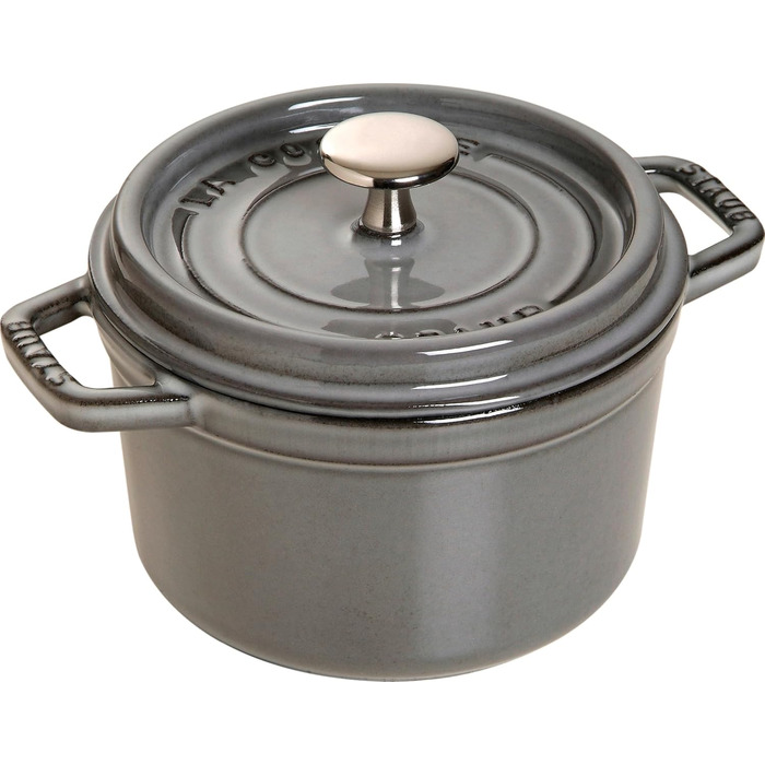 Чавунна жаровня/кокотниця STAUB, кругла, 8,35 л, функція Ароматичний дощ для оптимального зволоження, для всіх типів плит, в т.ч. індукційних та духових, (графітовий сірий, 14 см)