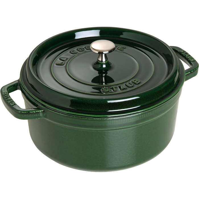 Чавунна каструля/кокотниця STAUB, кругла, 8,35 л, функція Ароматичний дощ для оптимального зволоження, для всіх типів варильних поверхонь, включаючи індукційну та духовку, (базилік/зелений, 26 см)