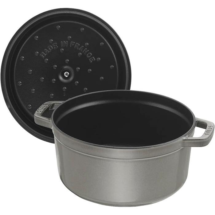 Чавунна каструля/кокотниця STAUB, кругла, 8,35 л, функція Ароматичний дощ для оптимального зволоження, для всіх типів варильних поверхонь, включаючи індукційні та духові шафи, (графітовий сірий, 34 см)