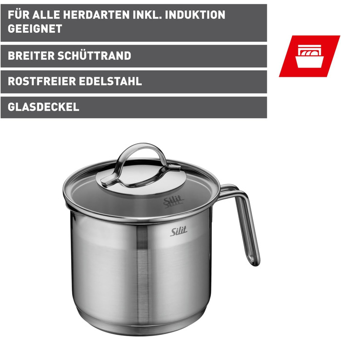 Набір каструль Silit Achat з індукційним дном та скляними кришками, нержавіюча сталь з матовою обробкою (молочник, 14 см)