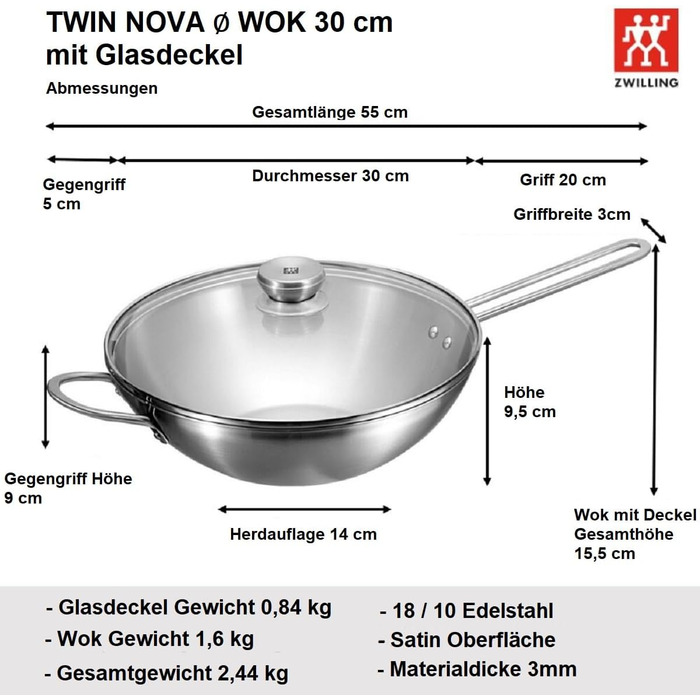 Сковорода вок 30 см зі скляною кришкою Twin Nova Zwilling