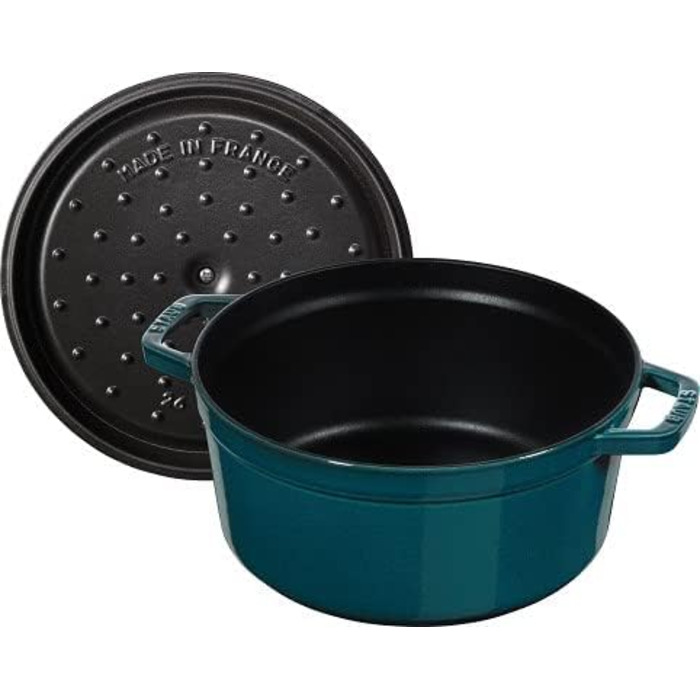 Чавунна жаровня/кокотниця STAUB, кругла 8,35 л, функція Ароматичний дощ для оптимального зволоження, для всіх типів варильних поверхонь, включаючи індукційні та духові шафи, (La Mer, 26 см)