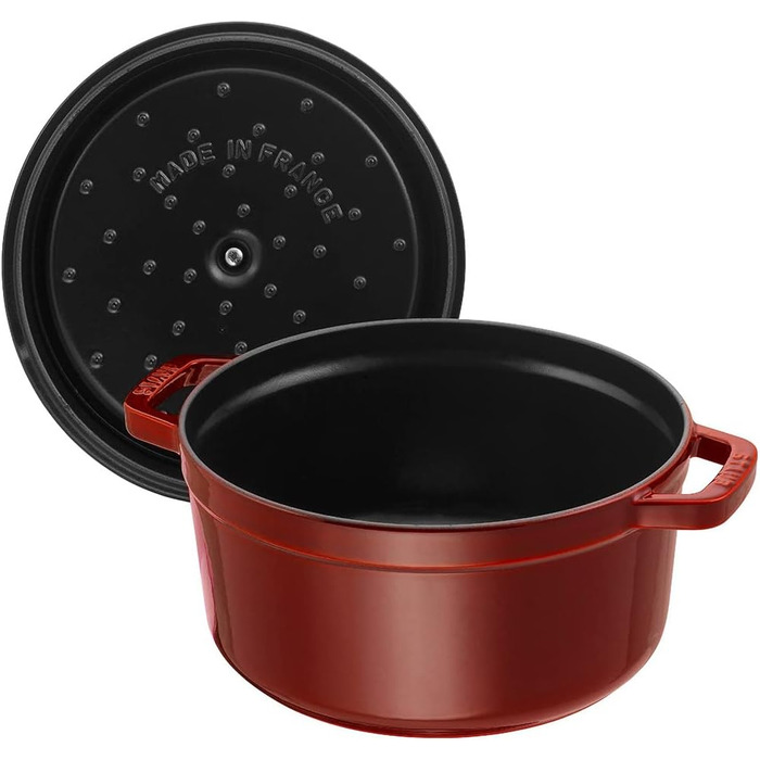Чавунна жаровня/кокотниця STAUB, кругла 8,35 л, функція Ароматичний дощ для оптимального зволоження, для всіх типів варильних поверхонь, включаючи індукційні та духові шафи, (Гренадін, 24 см)