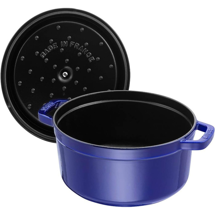 Чавунна жаровня/кокотниця STAUB, кругла, 8,35 л, функція Ароматичний дощ для оптимального зволоження, для всіх типів варильних поверхонь, включаючи індукційні та духові шафи, (темно-синій, 22 см)