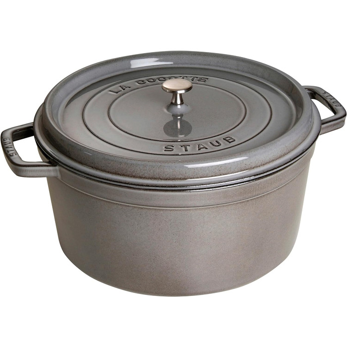 Чавунна каструля/кокотниця STAUB, кругла, 8,35 л, функція Ароматичний дощ для оптимального зволоження, для всіх типів варильних поверхонь, включаючи індукційні та духові шафи, (графітовий сірий, 34 см)