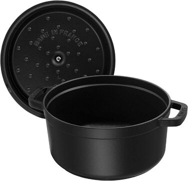 Чавунна жаровня/кокотниця STAUB, кругла 8,35 л, функція Ароматичний дощ для оптимального зволоження, для всіх типів варильних поверхонь, включаючи індукційні та духові шафи, (чорна, 30 см)