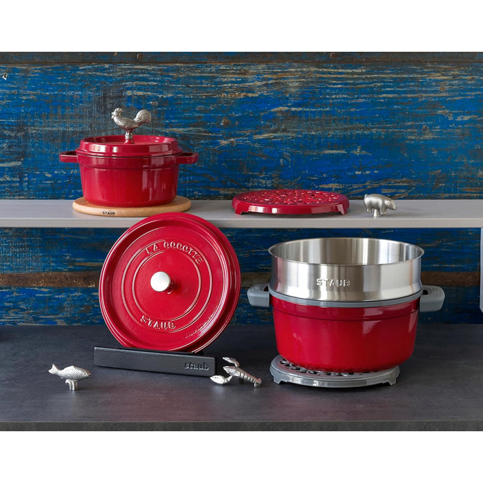 Чавунна жаровня/кокотниця STAUB, кругла 8,35 л, функція Ароматичний дощ для оптимального зволоження, для всіх типів варильних поверхонь, включаючи індукційні та духові шафи, (вишнево-червоний, 30 см)
