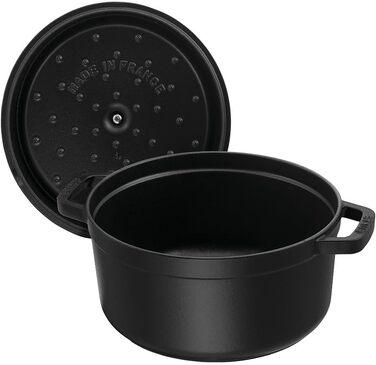 Чавунна жаровня/кокотниця STAUB, кругла, 8,35 л, функція Ароматичний дощ для оптимального зволоження, для всіх типів варильних поверхонь, включаючи індукційні та духові шафи, (чорна, 16 см)