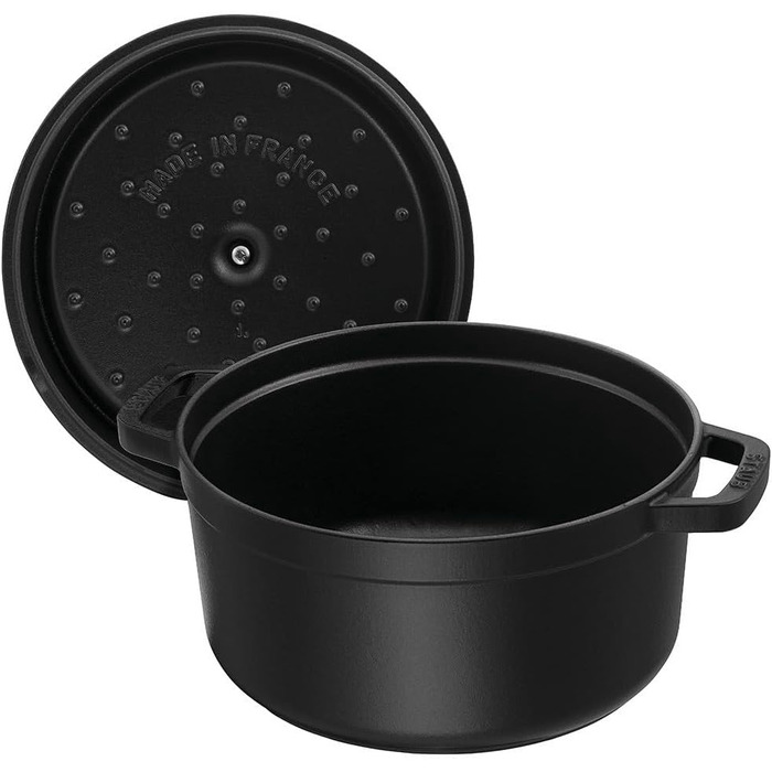 Чавунна жаровня/кокотниця STAUB, кругла, 8,35 л, функція Ароматичний дощ для оптимального зволоження, для всіх типів варильних поверхонь, включаючи індукційні та духові шафи, (чорна, 16 см)