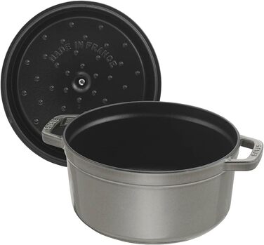 Чавунна каструля/кокотниця STAUB, кругла, 8,35 л, функція Ароматичний дощ для оптимального зволоження, для всіх типів варильних поверхонь, включаючи індукційні та духові шафи, (графітовий сірий, 34 см)