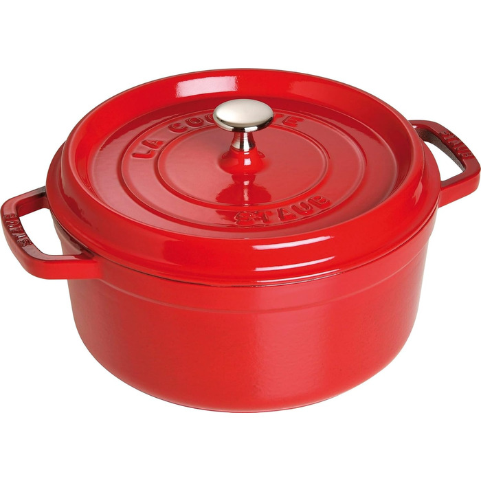 Чавунна каструля/кокотниця STAUB, кругла, 8,35 л, функція Ароматичний дощ для оптимального зволоження, для всіх типів варильних поверхонь, включаючи індукційні та духові шафи, (вишнево-червона, 24 см)