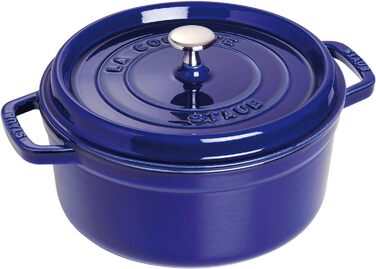 Чавунна жаровня/кокотниця STAUB, кругла, 8,35 л, функція Ароматичний дощ для оптимального зволоження, для всіх типів варильних поверхонь, включаючи індукційні та духові шафи, (темно-синій, 22 см)