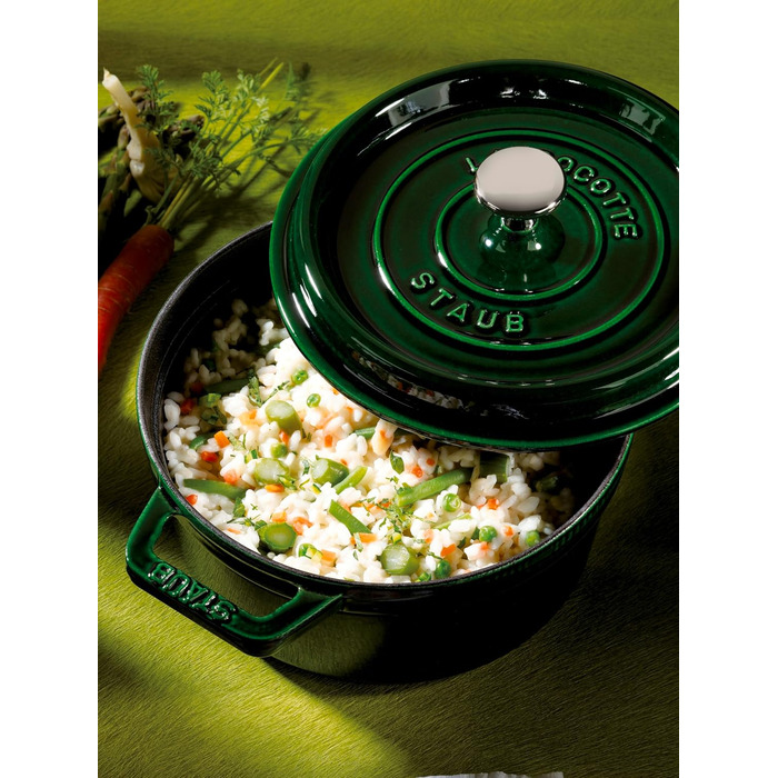 Чавунна каструля/кокотниця STAUB, кругла, 8,35 л, функція Ароматичний дощ для оптимального зволоження, для всіх типів варильних поверхонь, включаючи індукційну та духовку, (базилік/зелений, 22 см)