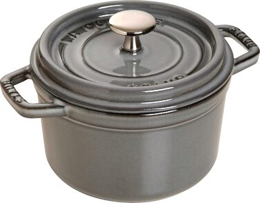 Чавунна жаровня/кокотниця STAUB, кругла, 8,35 л, функція Ароматичний дощ для оптимального зволоження, для всіх типів плит, в т.ч. індукційних та духових, (графітовий сірий, 14 см)