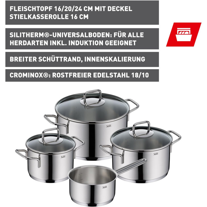 Набір каструль зі скляними кришками, 4 предмети, Extra Cook Silit