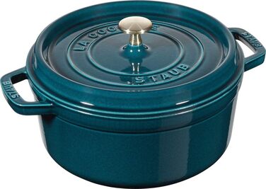 Чавунна жаровня/кокотниця STAUB, кругла 8,35 л, функція Ароматичний дощ для оптимального зволоження, для всіх типів варильних поверхонь, включаючи індукційні та духові шафи, (La Mer, 22 см)