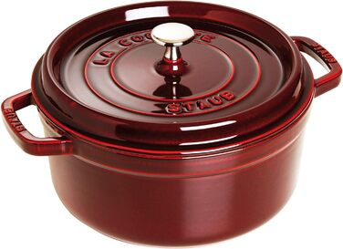 Чавунна жаровня/кокотниця STAUB, кругла 8,35 л, функція Ароматичний дощ для оптимального зволоження, для всіх типів варильних поверхонь, включаючи індукційні та духові шафи, (Гренадін, 24 см)